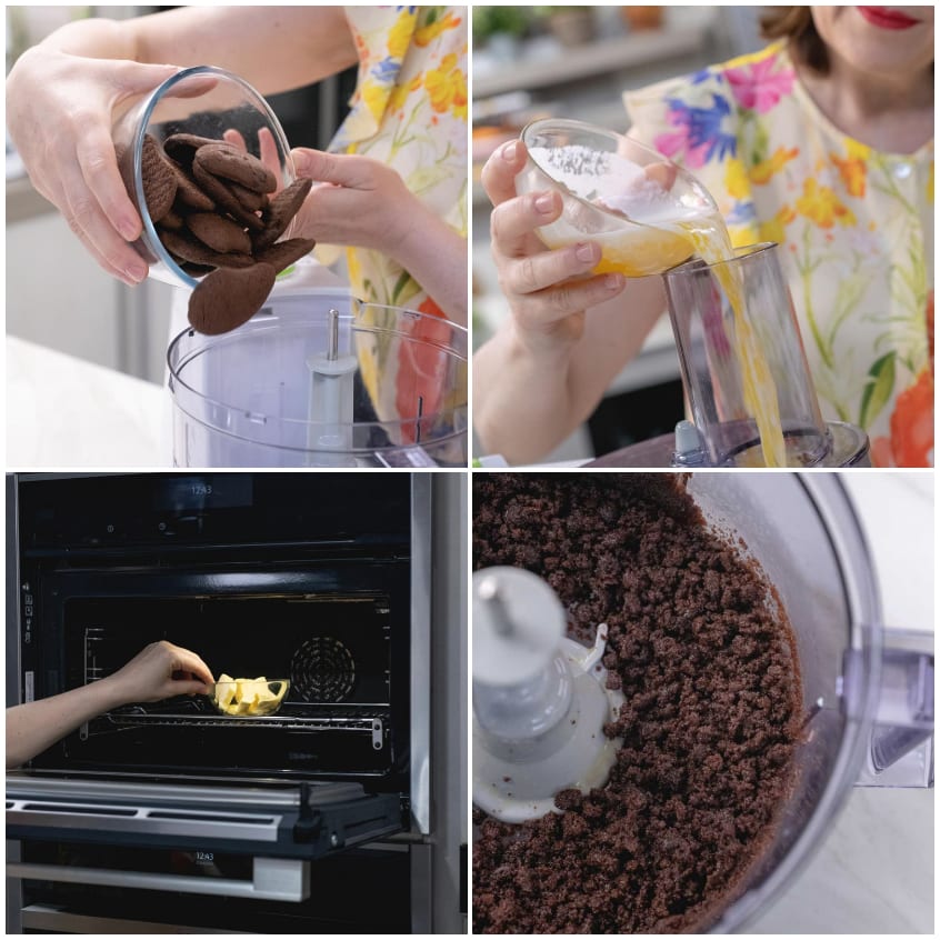 Biscotti al cioccolato frullati nel mixer con burro fuso per la base della cheesecake