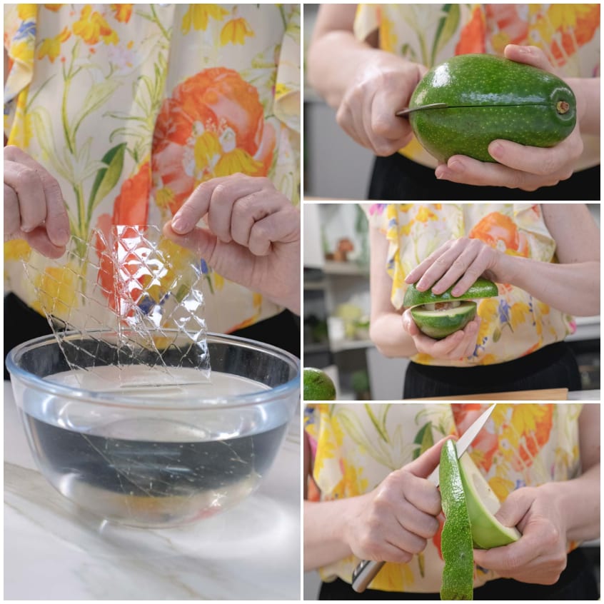 Gelatina in ammollo in acqua e avocado tagliato a metà con la buccia rimossa