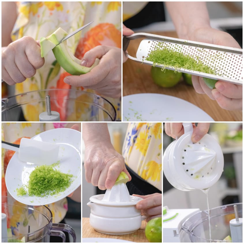 Avocado tagliato a pezzi, scorza di lime grattugiata e succo spremuto pronti per il frullatore