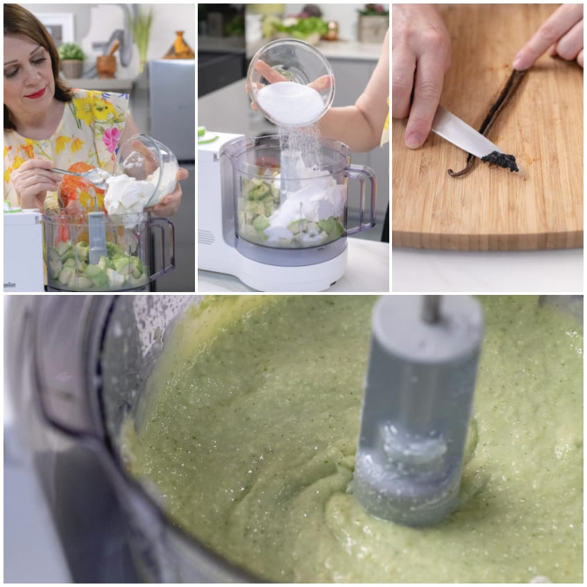 Crema di avocado frullata con ricotta e vaniglia, liscia e omogenea nel mixer