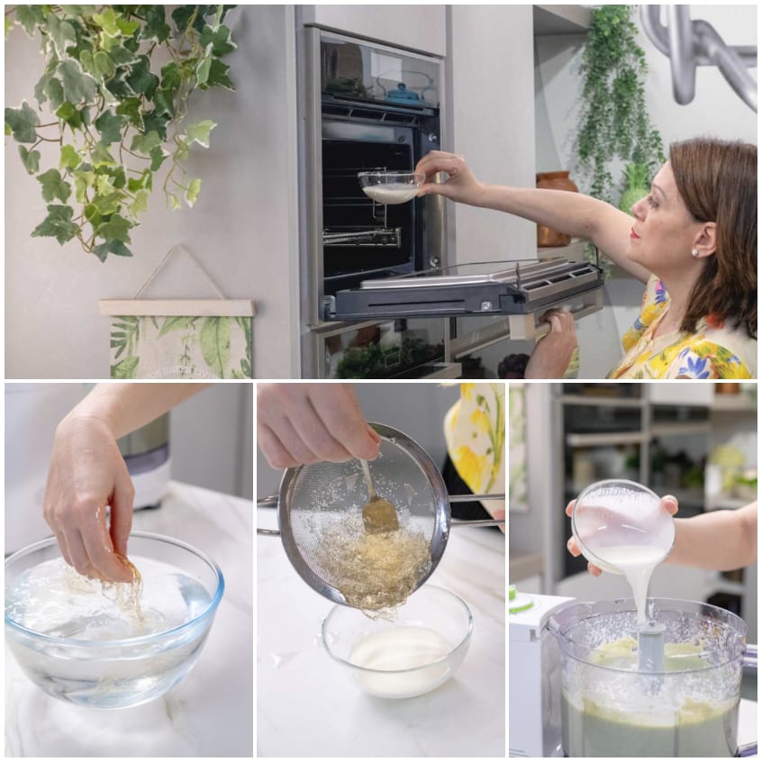 Gelatina ammollata in acqua, poi sciolta nella panna calda e versata nel food processor con il composto di avocado