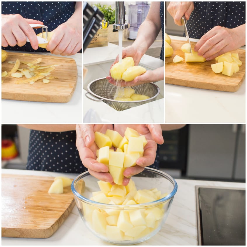 Patate pelate, sciacquate e tagliate a cubetti, poi versate in una ciotola