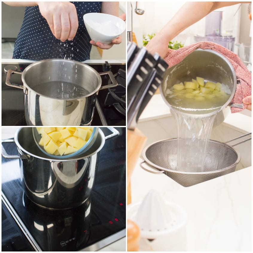 Patate a cubetti versate in acqua salata e poi scolate in un colino