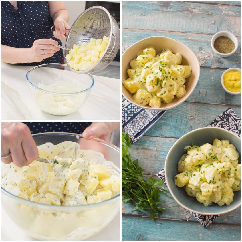 Patate a dadini versate nella ciotola con la salsa e mescolate fino a condirle uniformemente