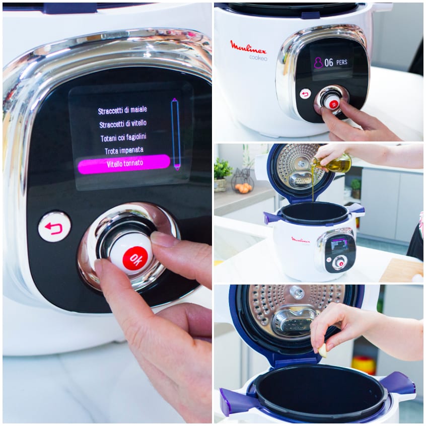 Selezione ricetta sul display, impostazione dosi, olio versato e aglio aggiunto nel robot da cucina