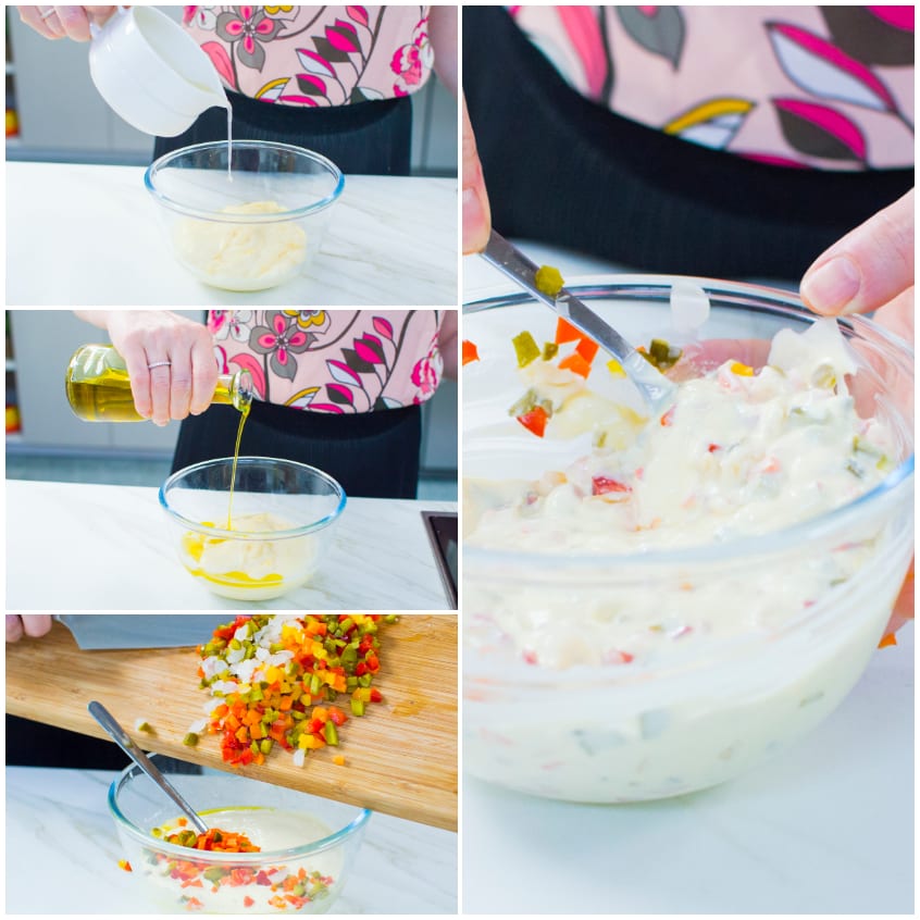 Maionese ammorbidita con limone e olio, poi mescolata con verdure a cubetti per la salsa estiva
