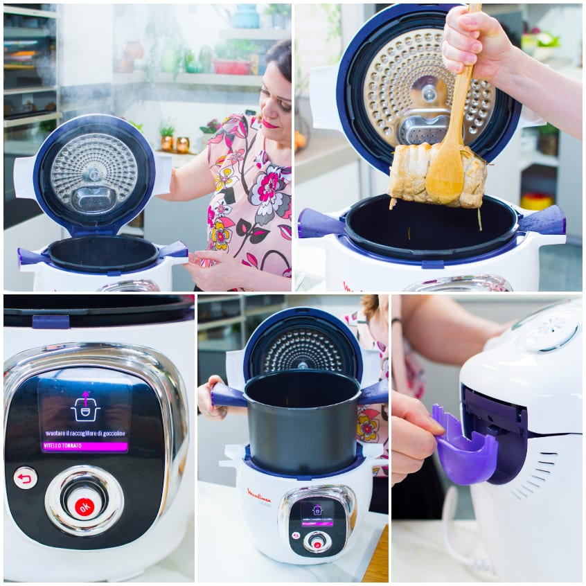 Lonza di maiale estratta con cucchiaio di legno dal multicooker, con display che indica di svuotare il raccoglitore