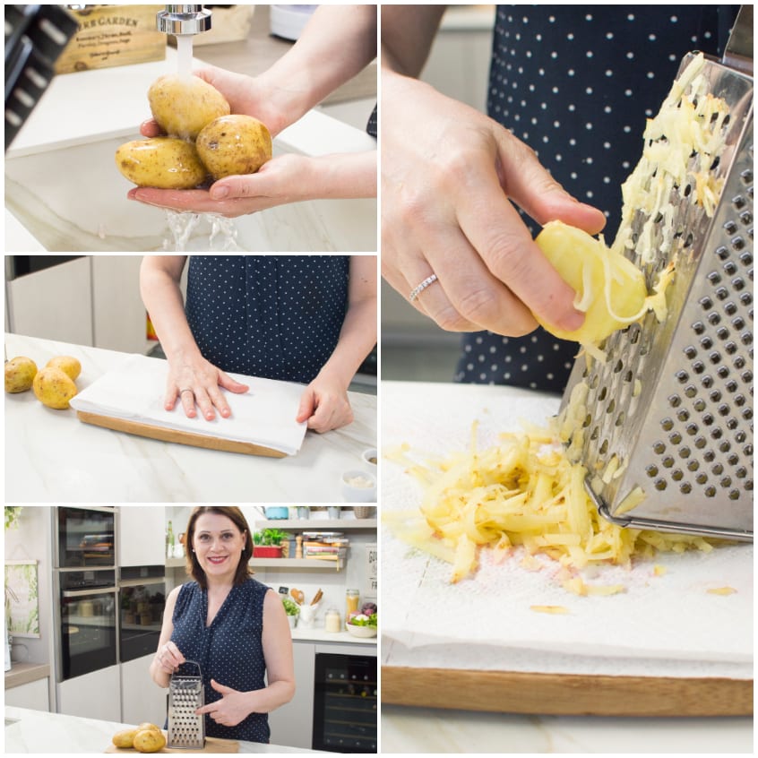 Patate grattugiate a julienne su carta da cucina con grattugia a campana
