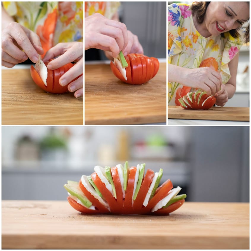 Fettine di mozzarella e avocado infilate nelle fenditure del pomodoro hasselback