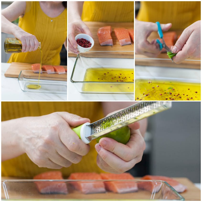 Preparazione della marinatura per salmone con olio, pepe rosa e scorza di lime grattugiata