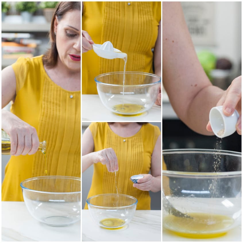 Mani che versano olio, succo di lime e sale in una ciotola per preparare il condimento