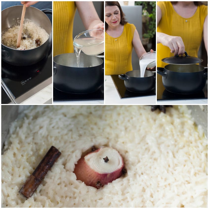 Riso al cocco in cottura con stecca di cannella, cipolla e chiodi di garofano