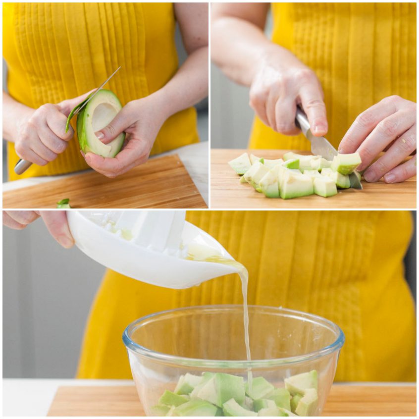 Avocado tagliato a cubetti sul tagliere e succo di lime versato nella ciotola con la polpa