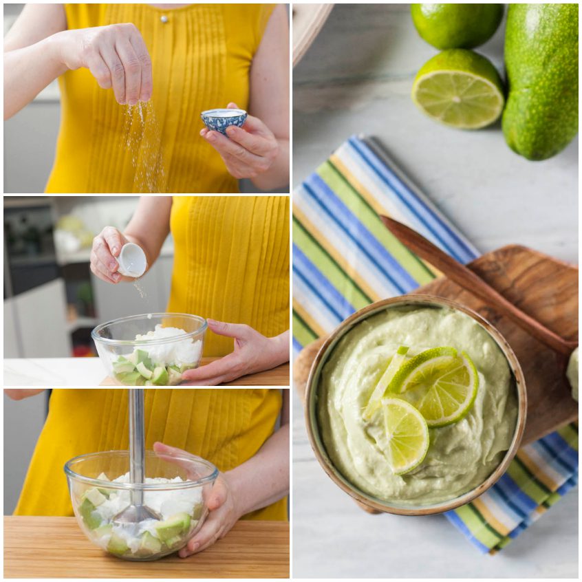 Salsa di avocado frullata con il mixer a immersione, servita con fette di lime