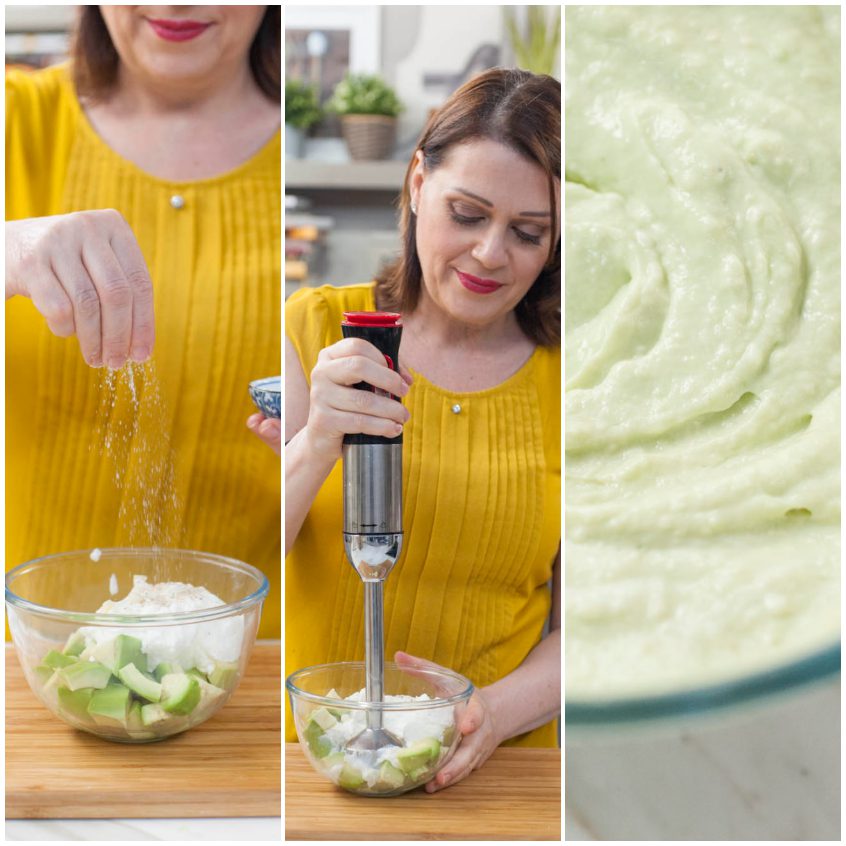 Sale versato su avocado a pezzi e yogurt, poi frullati fino a ottenere una crema verde liscia