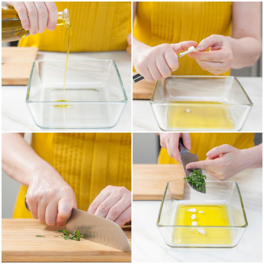 Preparazione della marinatura con olio, aglio a fette e menta tritata per gli spiedini di gamberi