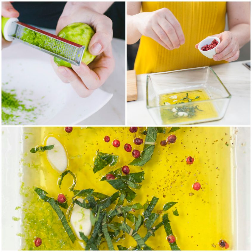 Mani grattugiano scorza di lime sulla marinatura con olio, erbe aromatiche e bacche di pepe rosa