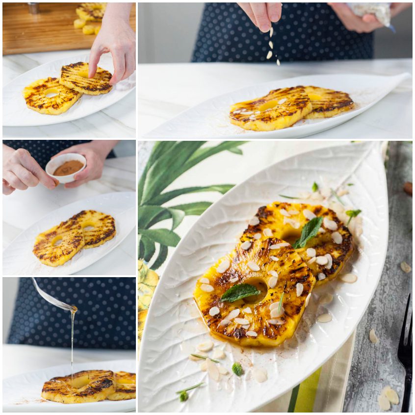 Fette di ananas grigliate guarnite con mandorle a lamelle, menta fresca e miele a filo