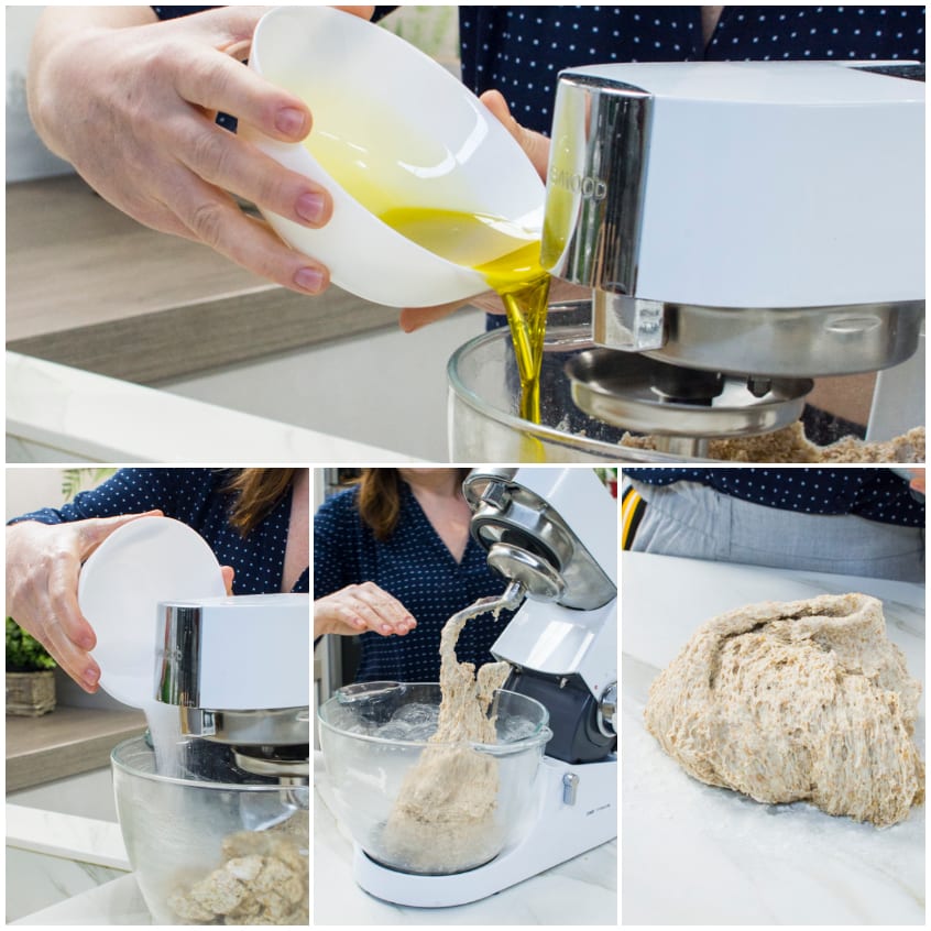 Olio versato nell'impastatrice mentre l'impasto integrale si incorda al gancio