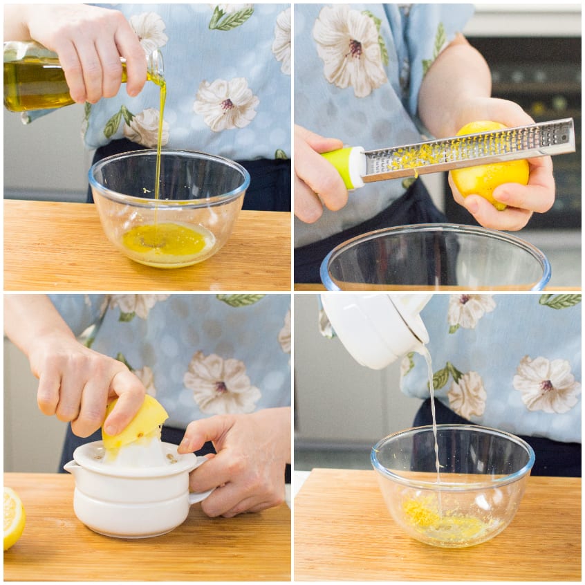 Preparazione del condimento: olio versato in ciotola, scorza e succo di limone aggiunti uno alla volta