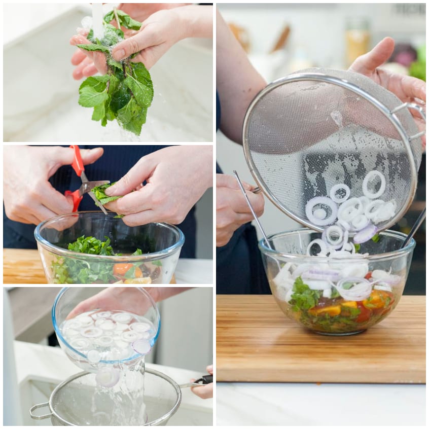 Mani che tagliano erbe aromatiche con le forbici e aggiungono cipolle scolate alla ciotola con gli altri ingredienti
