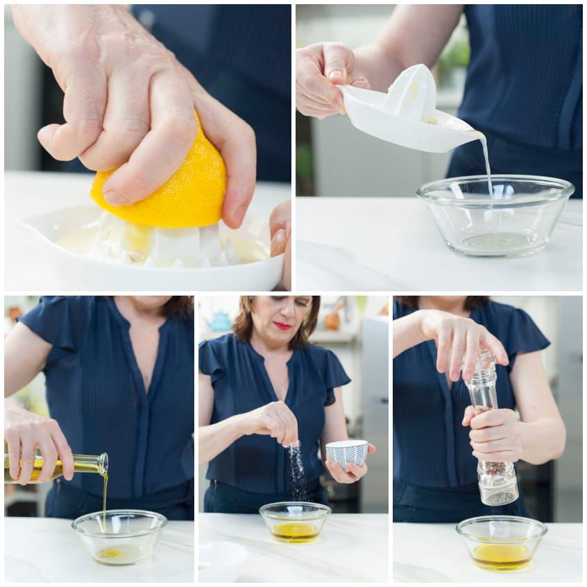 Preparazione di una citronette: spremitura del limone, aggiunta di olio extravergine, sale e pepe in una ciotola