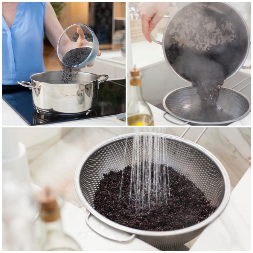 Riso Venere versato in pentola, scolato e sciacquato sotto acqua fredda corrente