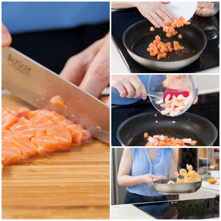 Salmone tagliato a cubetti sul tagliere, poi saltato in padella con i gamberetti