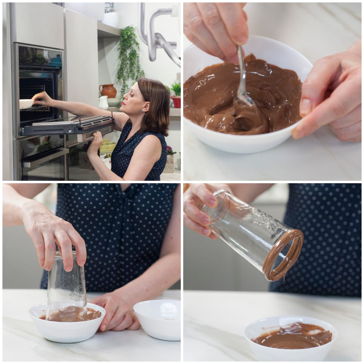 Il bordo di un bicchiere viene intinto nella crema di cioccolato fuso