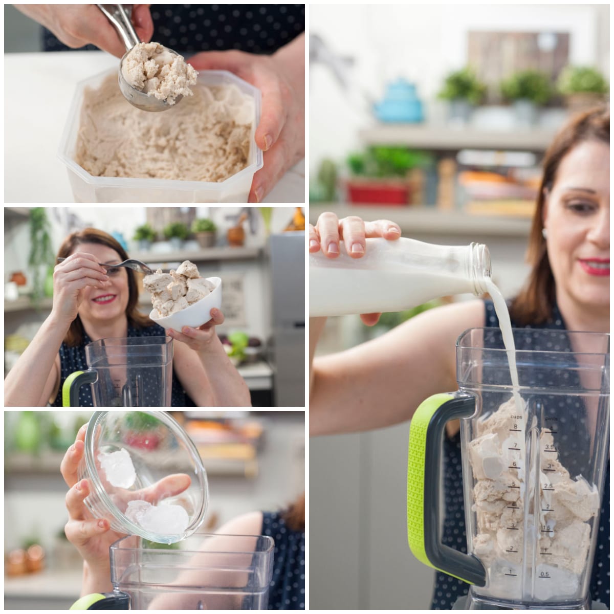 Gelato, cubetti di ghiaccio e latte versati nel bicchiere del frullatore per preparare il milkshake