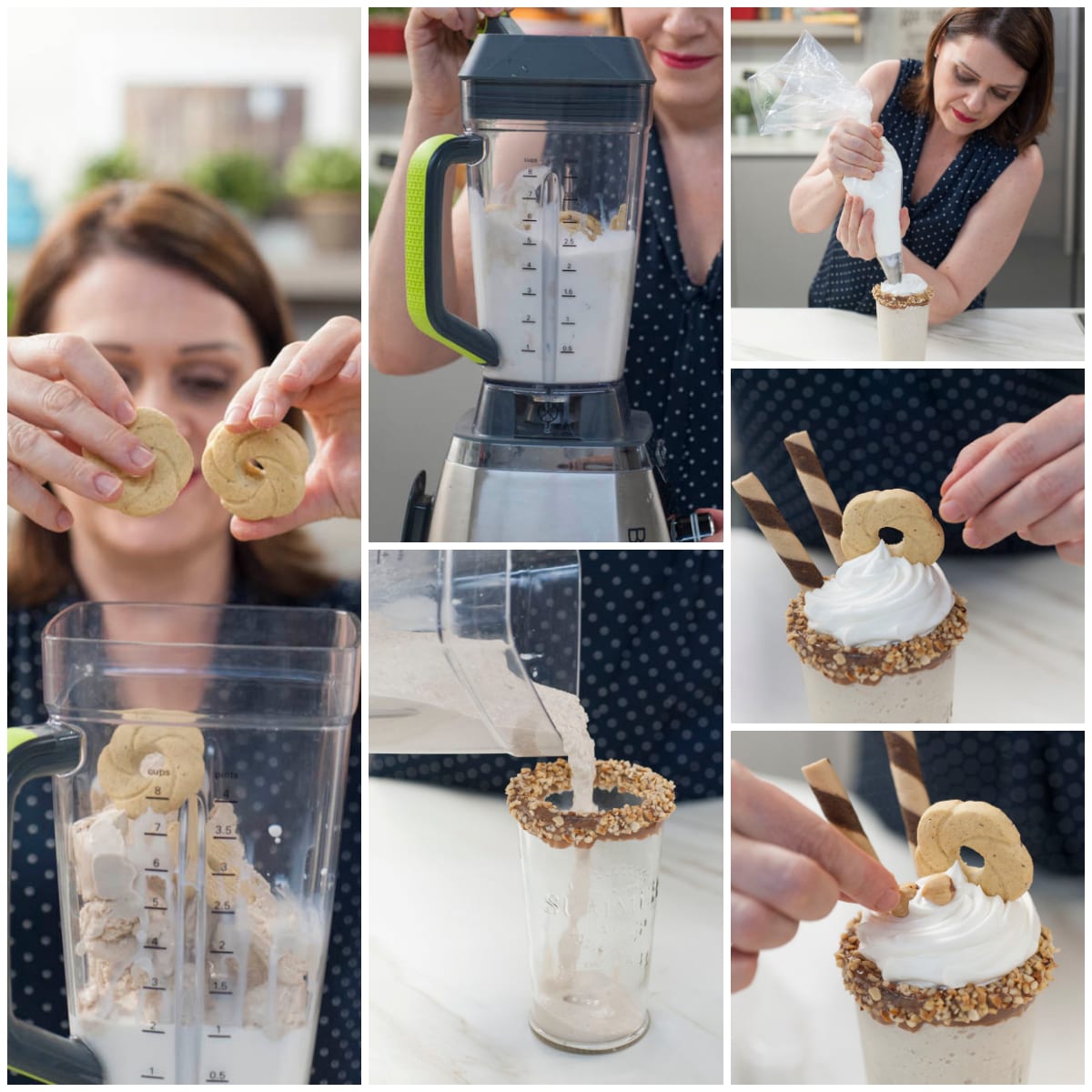 Preparazione del milkshake nocciole: frullatura, versatura e decorazione con panna e biscotti