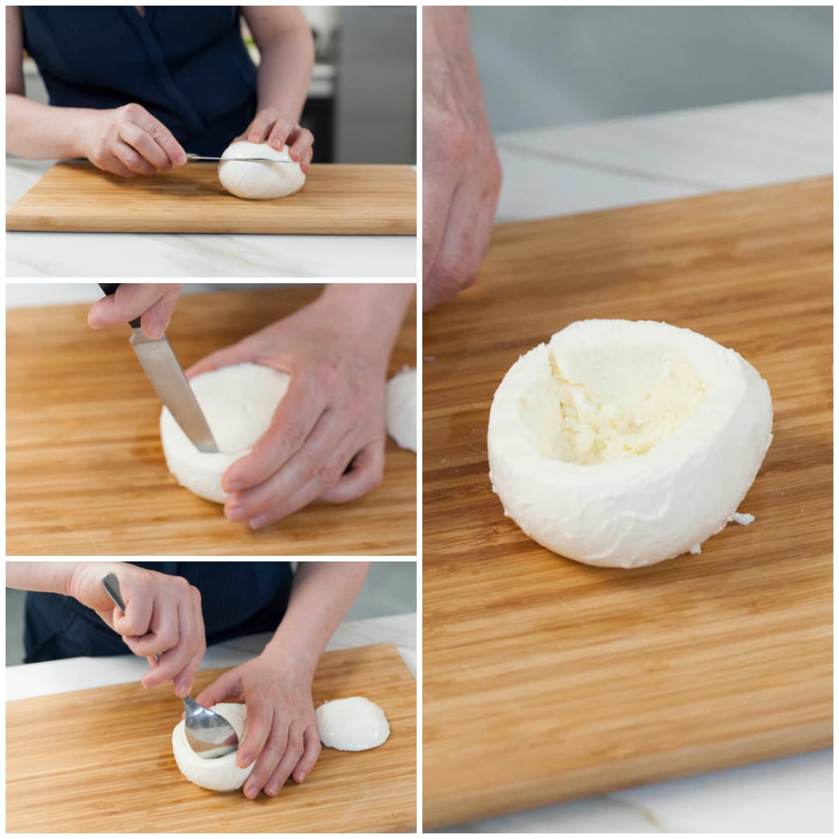 Mozzarella svuotata sul tagliere: calotta tagliata e interno scavato con cucchiaio