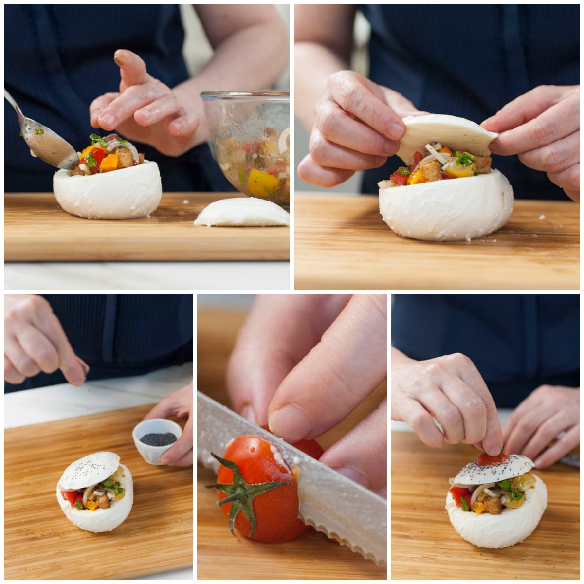 Mani che farciscono una mozzarella svuotata con verdure colorate e la chiudono con la calotta