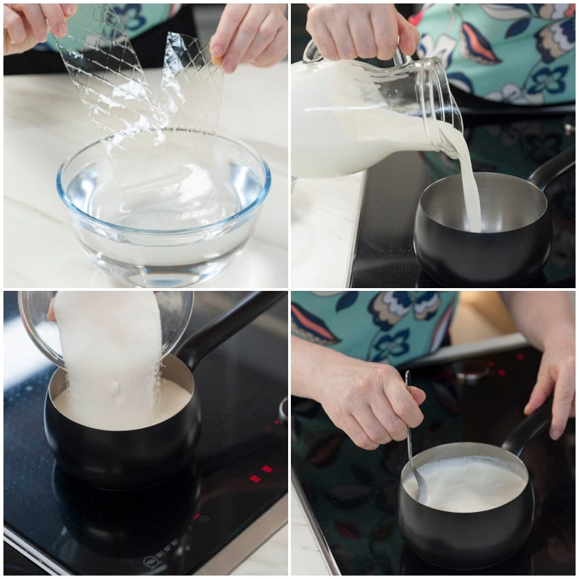 Fogli di gelatina in ammollo, poi panna versata in pentolino e scaldata mescolando