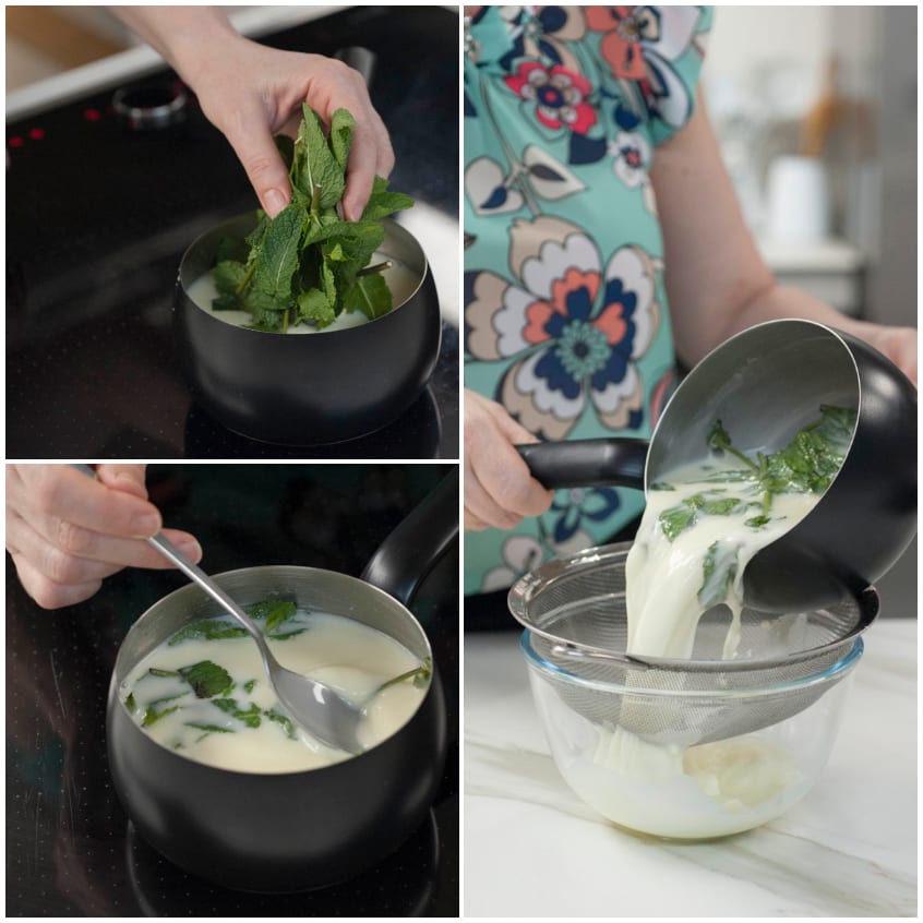 Menta fresca immersa nella panna calda, poi filtrata attraverso un colino