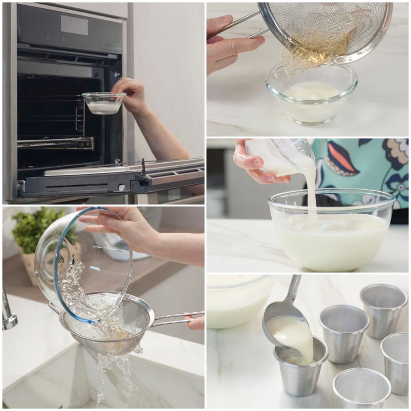Gelatina sciolta nella panna calda e composto versato negli stampini per la panna cotta alla menta