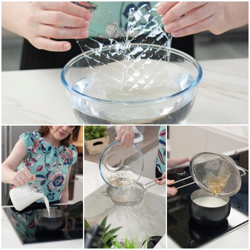Fogli di gelatina spezzati in acqua, panna versata in pentolino e gelatina strizzata nel colino