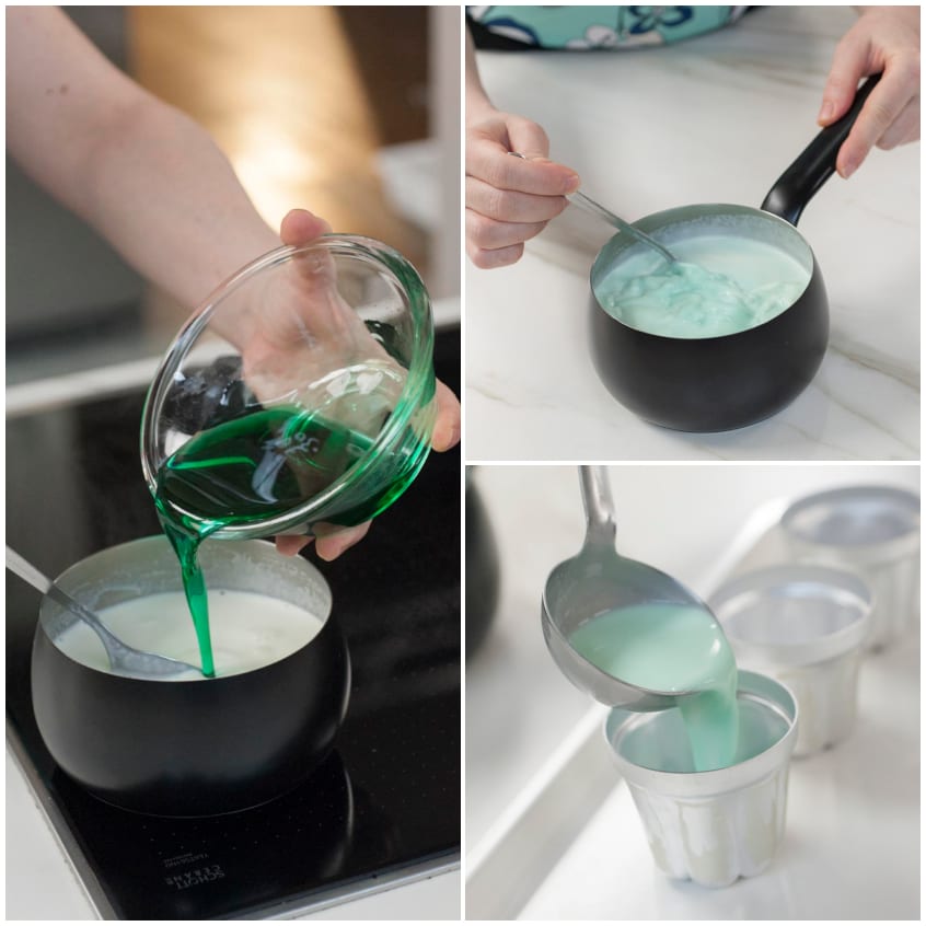 Sciroppo di menta versato nel latte caldo, mescolato e distribuito negli stampini
