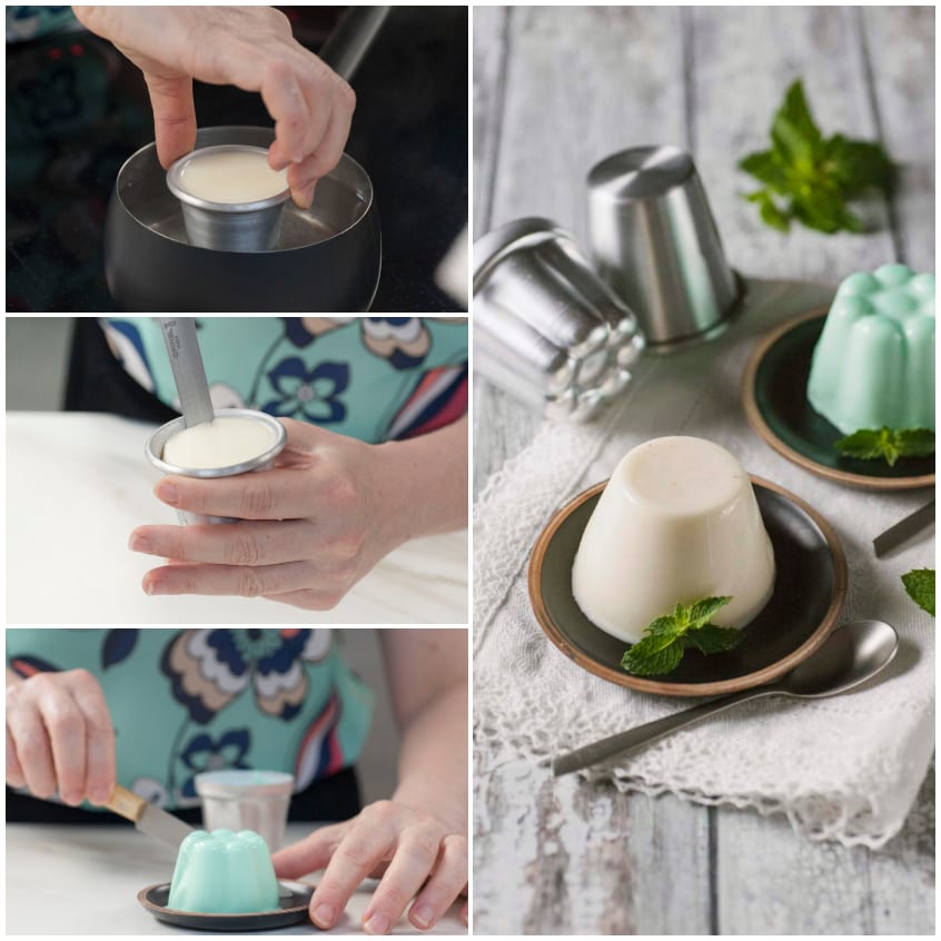 Panna cotta sformata dallo stampino e servita con foglie di menta fresca