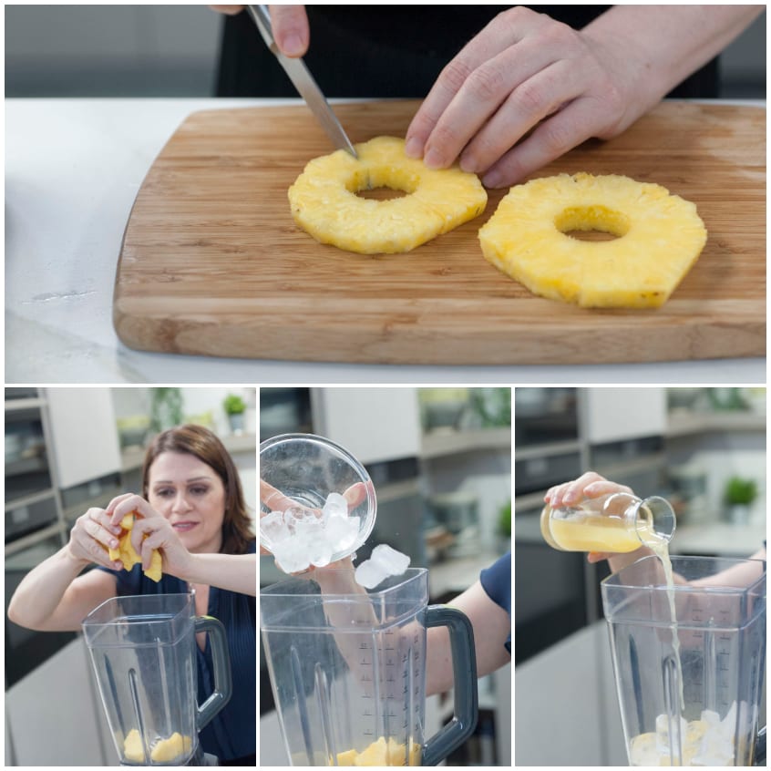 Fette di ananas tagliate a rondelle, poi a pezzi nel frullatore con ghiaccio e succo