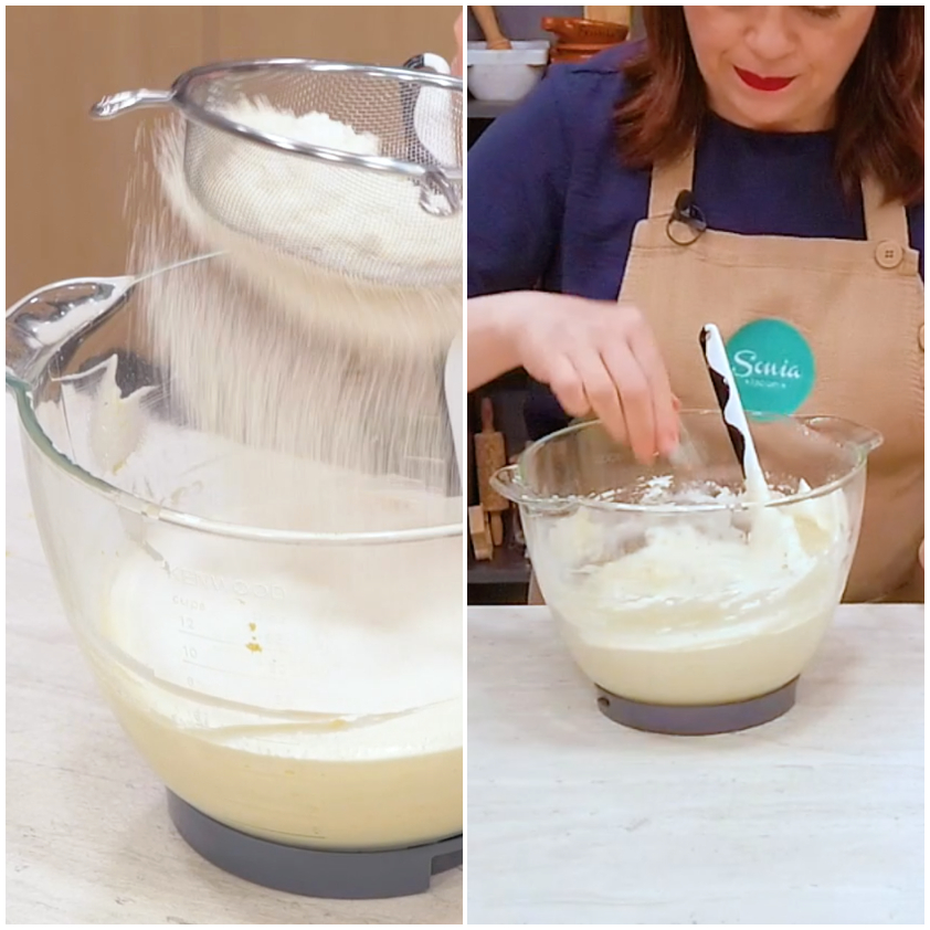 Farina setacciata che cade nell'impasto montato e mano che amalgama delicatamente con una spatola
