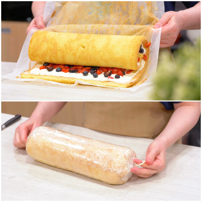 Rotolo farcito con panna e frutti di bosco arrotolato e avvolto nella pellicola