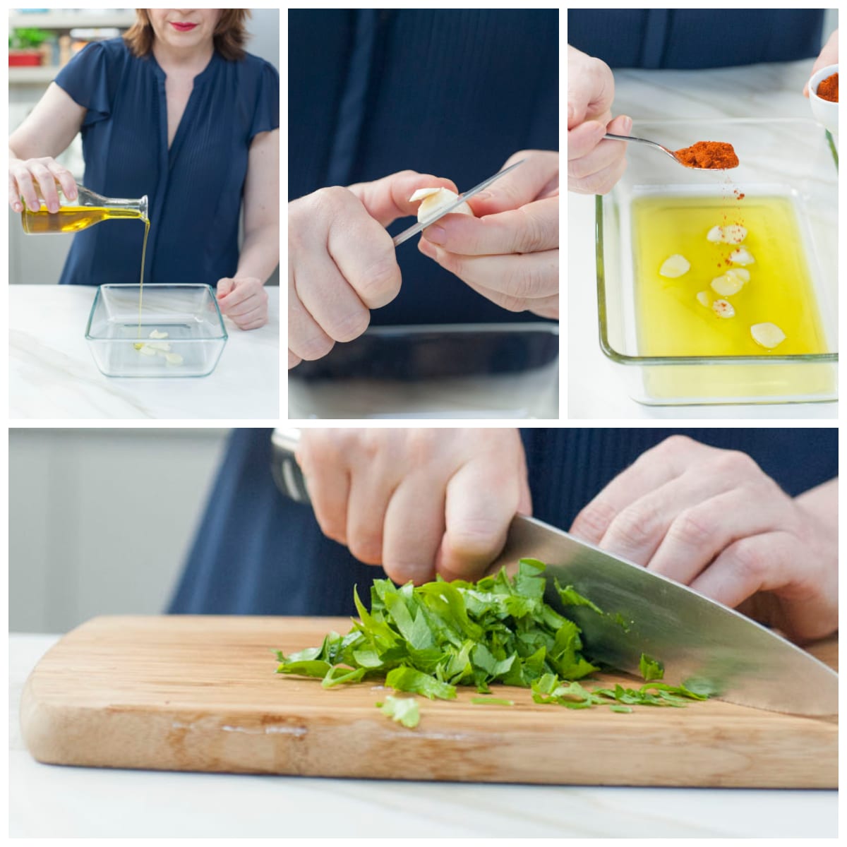 Preparazione della marinatura: olio versato con aglio e paprika, poi prezzemolo tritato al coltello