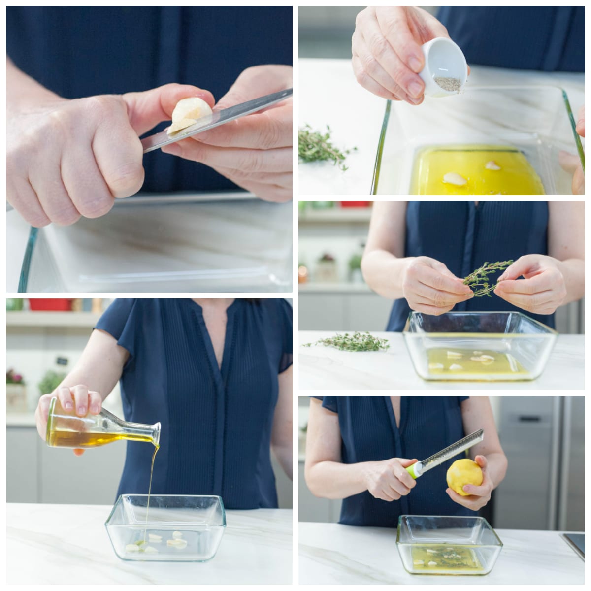 Preparazione della marinata con aglio affettato, olio, timo fresco e scorza di limone grattugiata