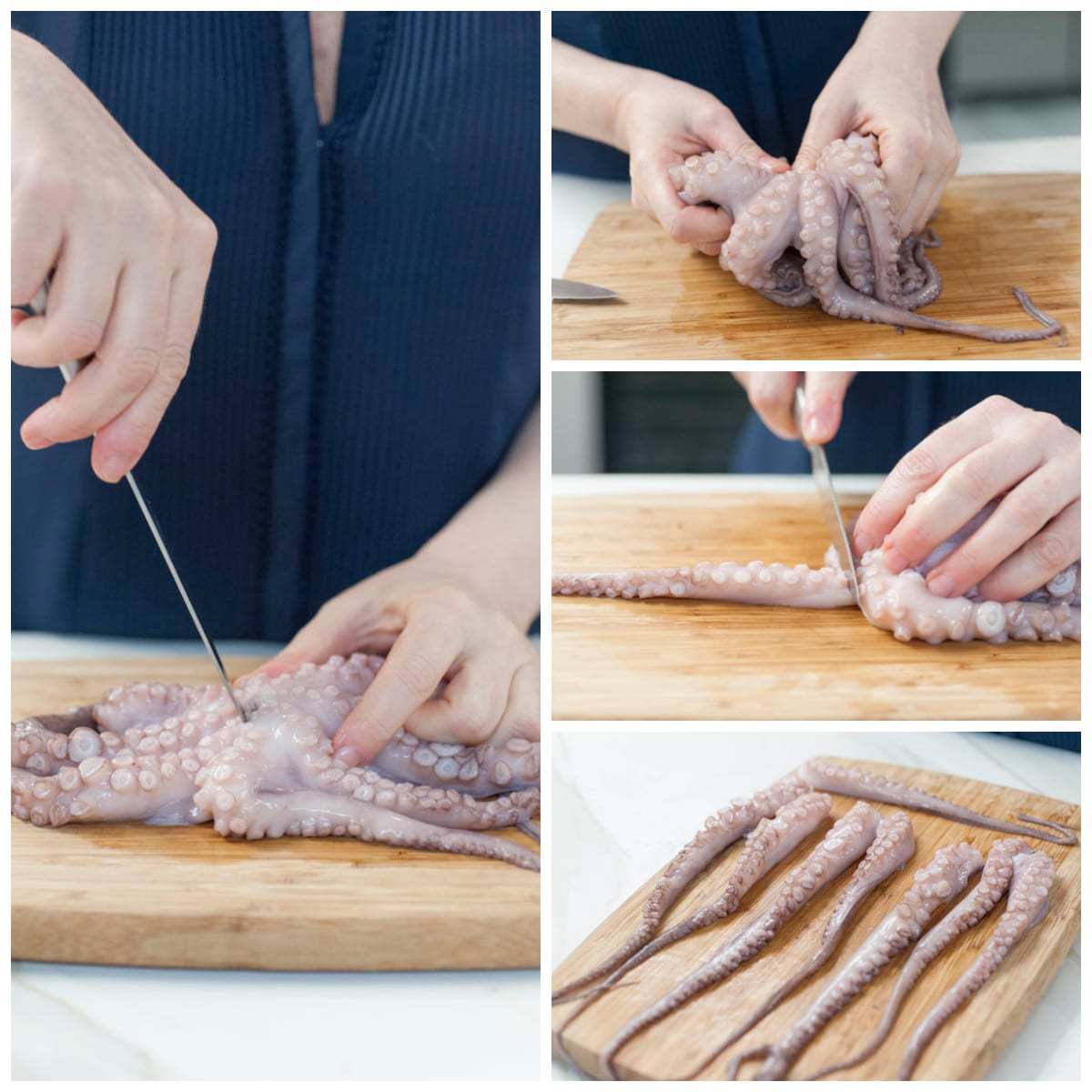 Mani che separano i tentacoli dal corpo del polpo crudo sul tagliere