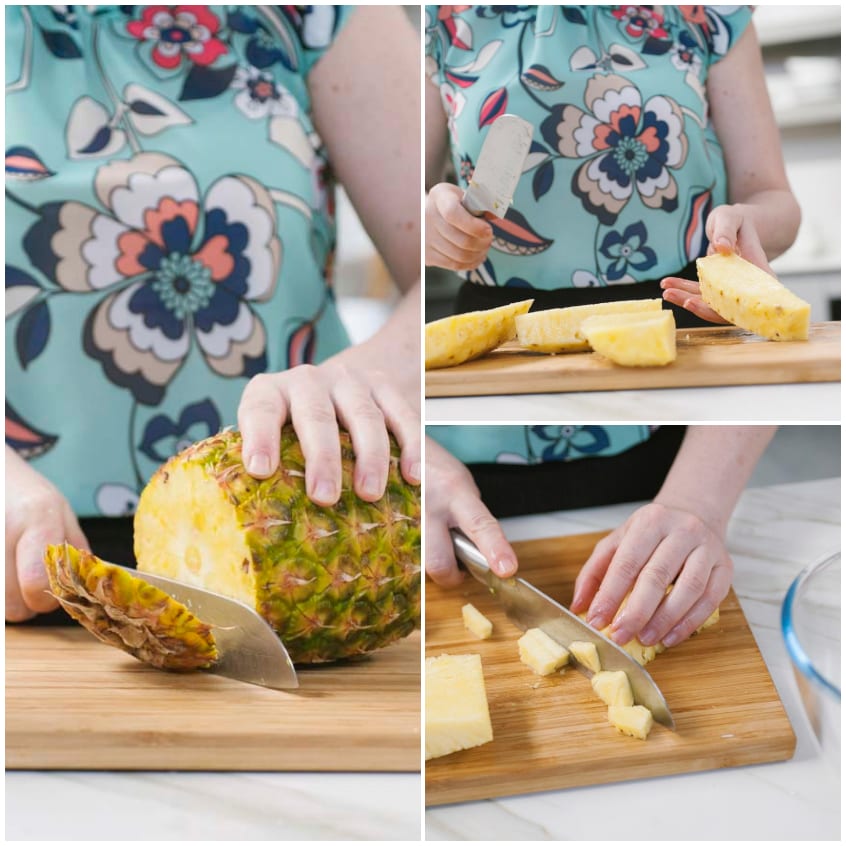 Ananas tagliato a cubetti su tagliere, con i passaggi di pulitura e affettatura