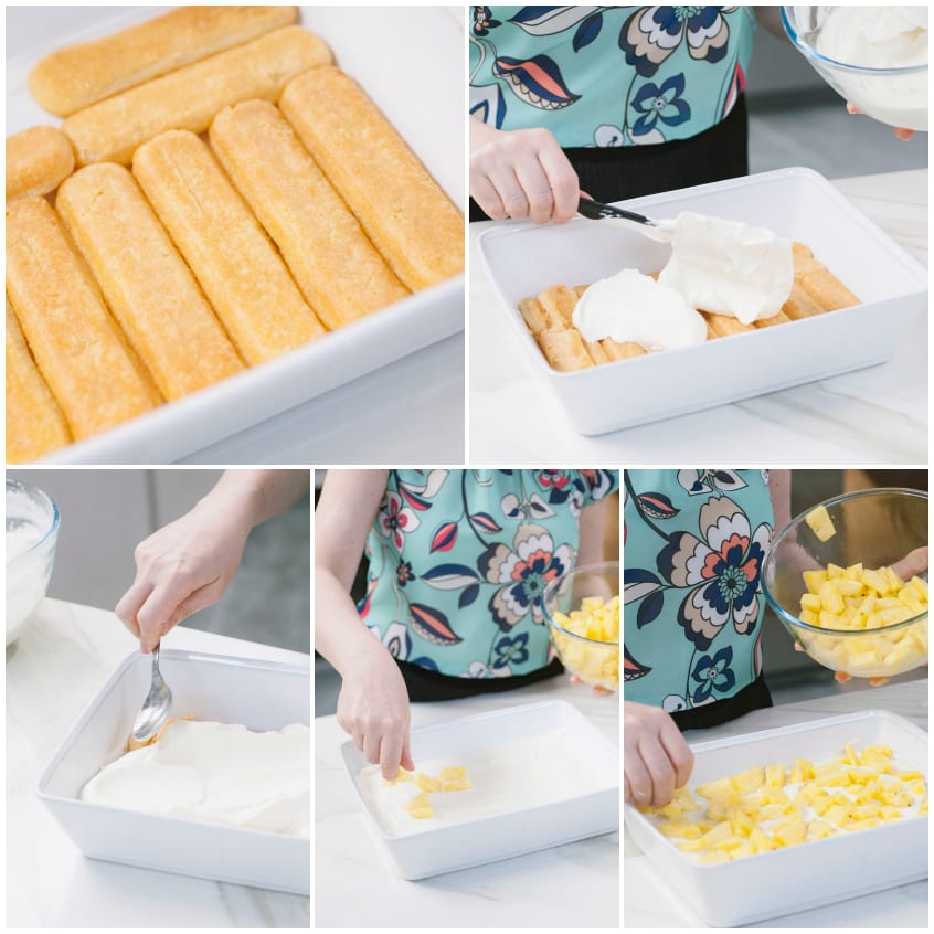 Strati di savoiardi, crema e pezzetti di ananas assemblati nella teglia per il tiramisù