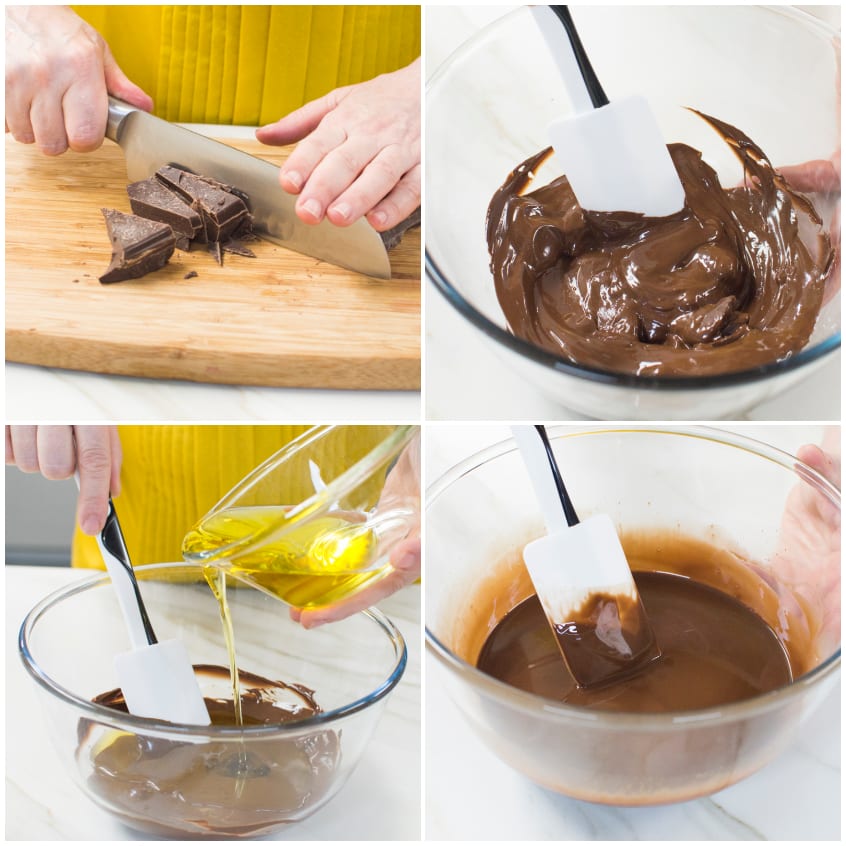 Olio versato sul cioccolato fuso e amalgamato con una spatola