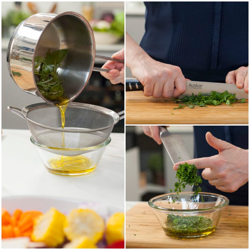 Olio aromatizzato filtrato attraverso un colino, poi prezzemolo tritato aggiunto nella ciotola
