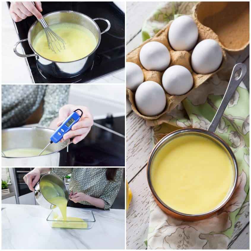 Crema inglese in cottura: si mescola, si controlla la temperatura e si travasa in una pirofila
